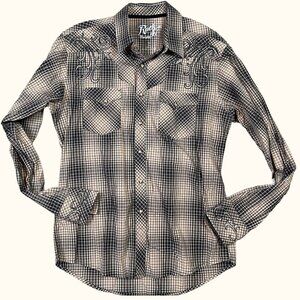 Rock 47 Wrangler Tribal Western Plaid Pearl Snap Collared Shirt Brown Size Large